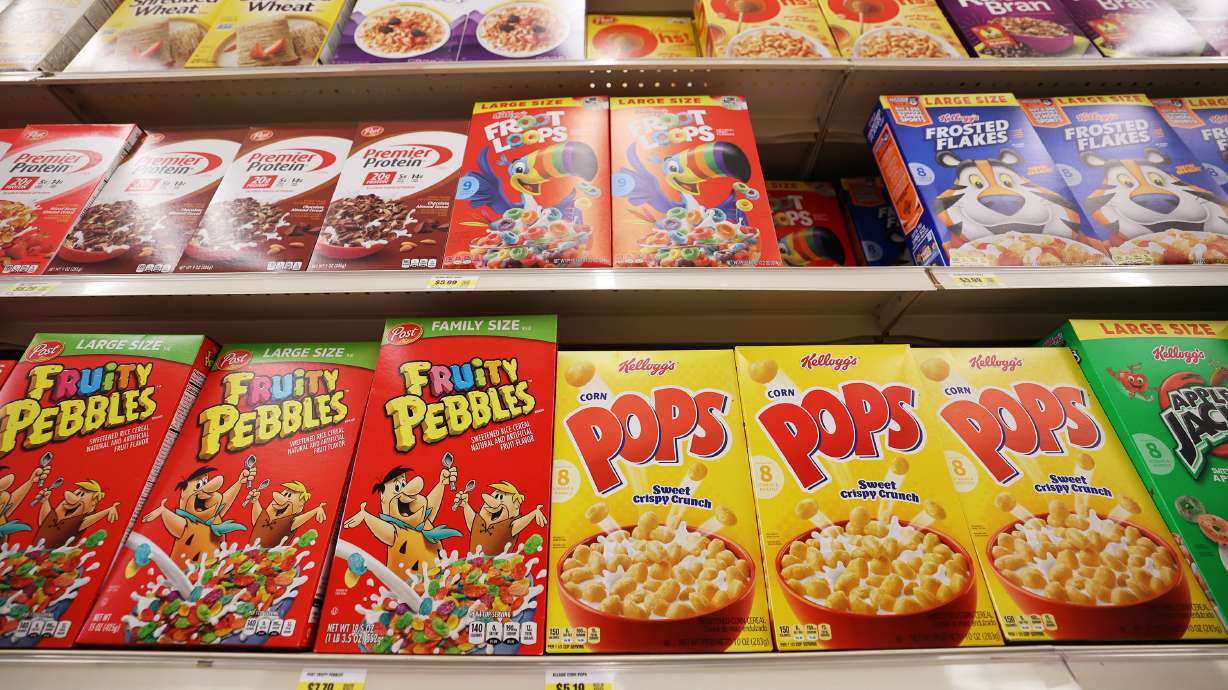 Cereal shelves at Reams in Sandy on April 4, 2023. A new Utah bill would ban purchases of "ultra-processed food" with food stamps.