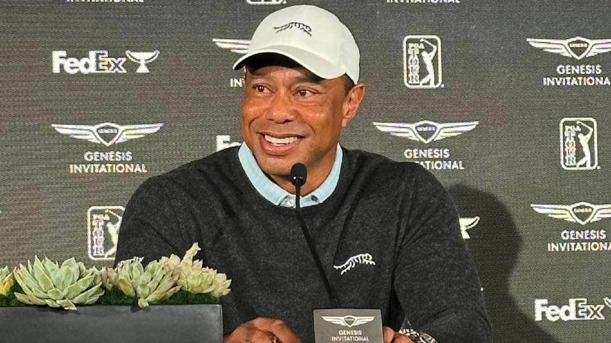 Tiger Woods speaks to the media at Riviera Country Club in Los Angeles, Tuesday, Feb. 17, 2026, ahead of the Genesis Invitational, where he is the tournament host.