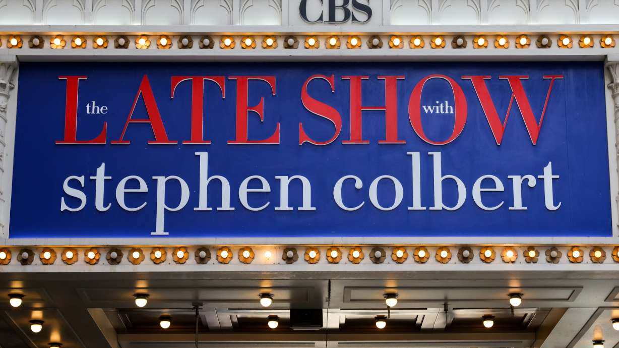 A sign at the Ed Sullivan Theater, where "The Late Show with Stephen Colbert" is filmed, in New York City, July 18. Colbert said lawyers barred him from airing an interview with Senate candidate and Democratic Texas state Rep. James Talarico.