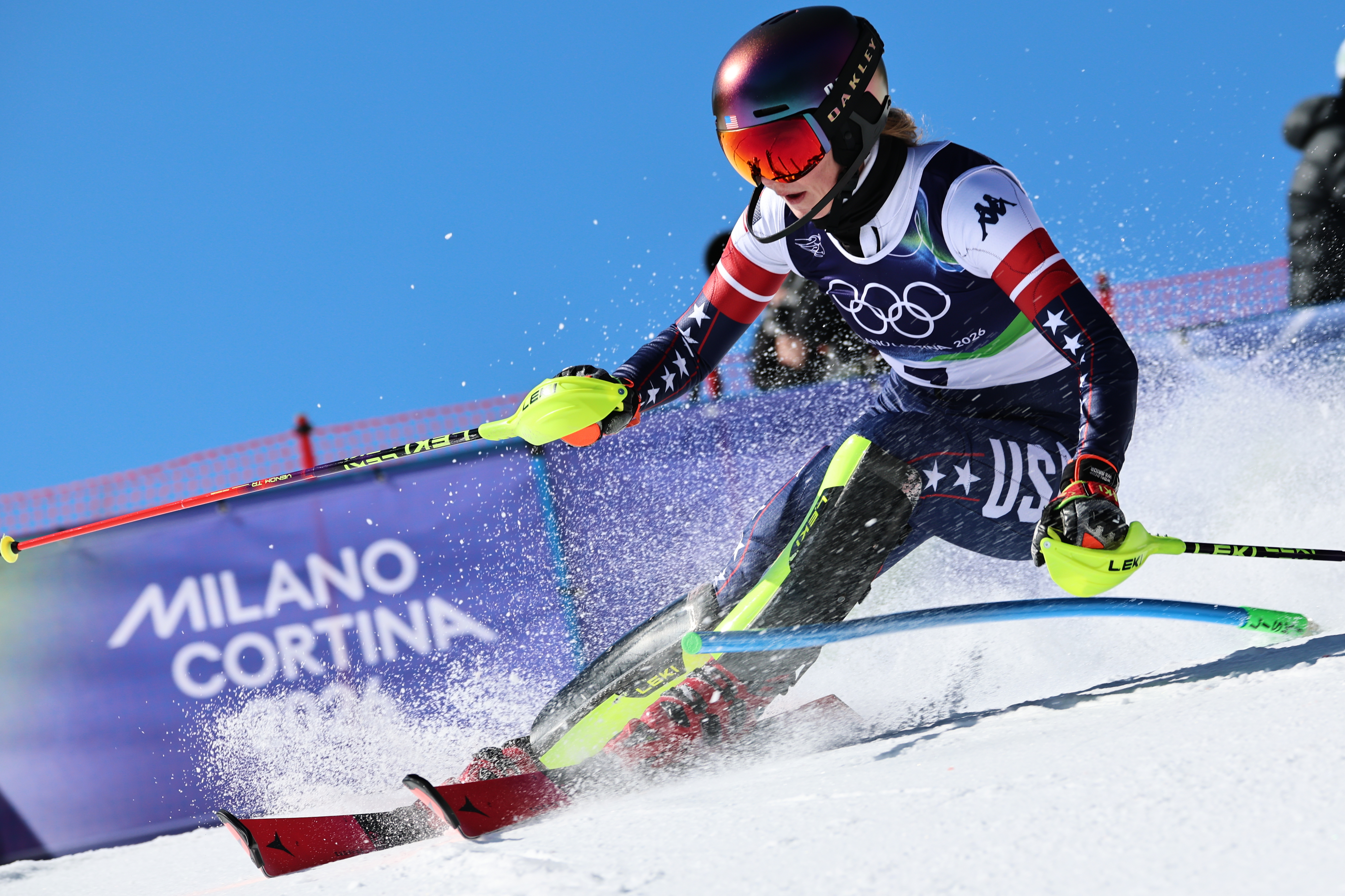 United States' Mikaela Shiffrin speeds down the course during an alpine ski, women's slalom race, at the 2026 Winter Olympics, in Cortina d'Ampezzo, Italy, Wednesday, Feb. 18, 2026. 