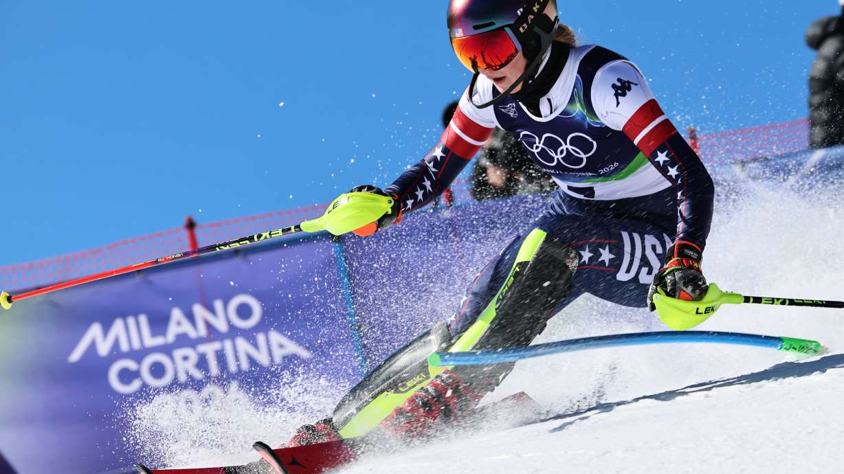 United States' Mikaela Shiffrin speeds down the course during an alpine ski, women's slalom race, at the 2026 Winter Olympics, in Cortina d'Ampezzo, Italy, Wednesday, Feb. 18, 2026.