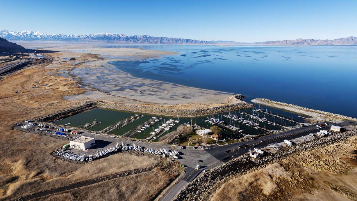 The Great Salt Lake Marina with low water levels on Jan. 6, 2026. A coalition released a report criticizing water use associated with Utah Inland Port Authority projects and calling on the Legislature to limit the amount of water those developments can use.