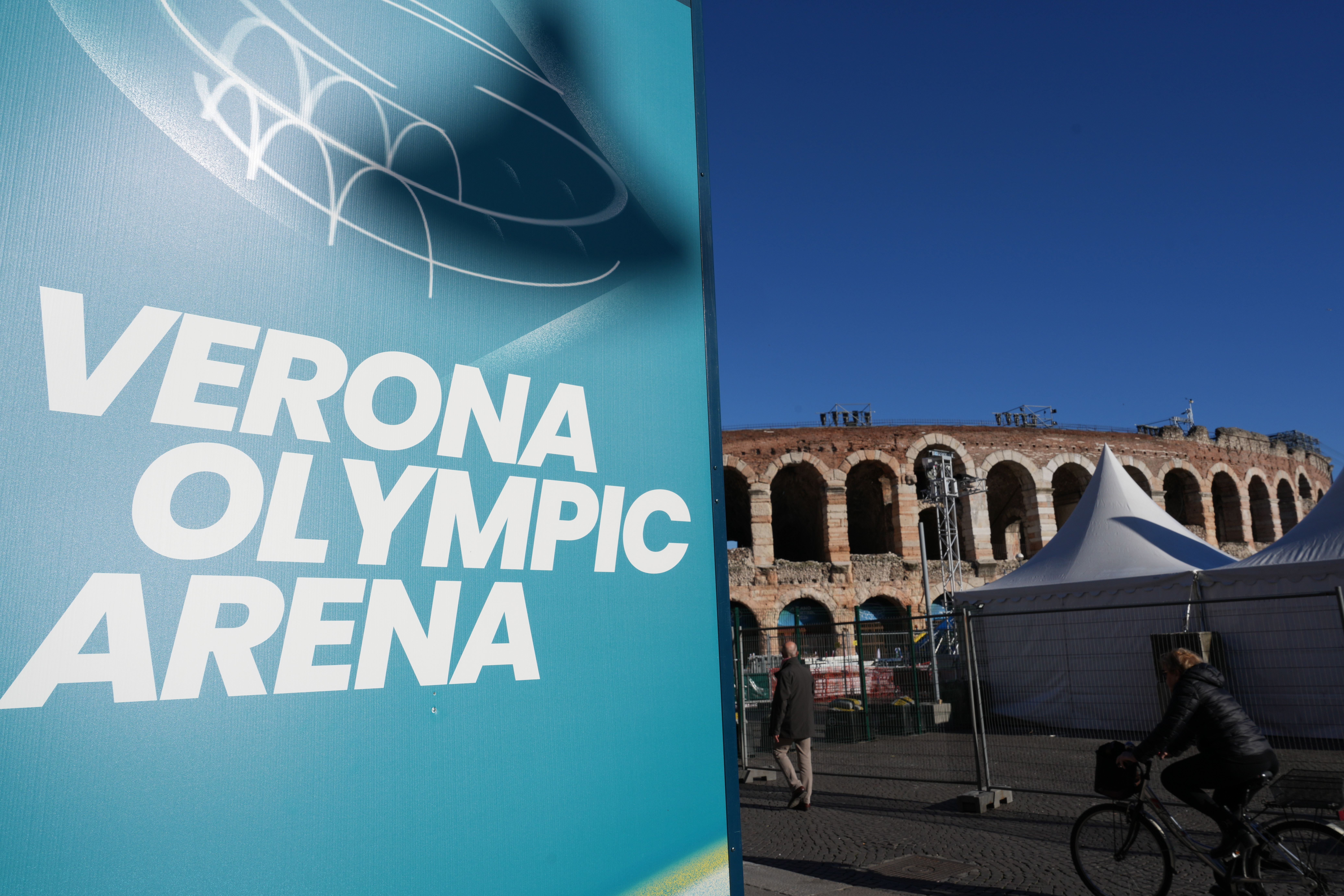 A view of the Arena ahead of the closing ceremony at the 2026 Winter Olympics, in Verona, Italy, Tuesday, Feb. 17, 2026.