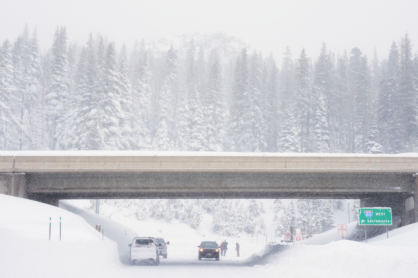 Snow covers a road on an underpass along interstate 80 on Wednesday, Feb. 18, 2026 near Soda Springs, Calif. 