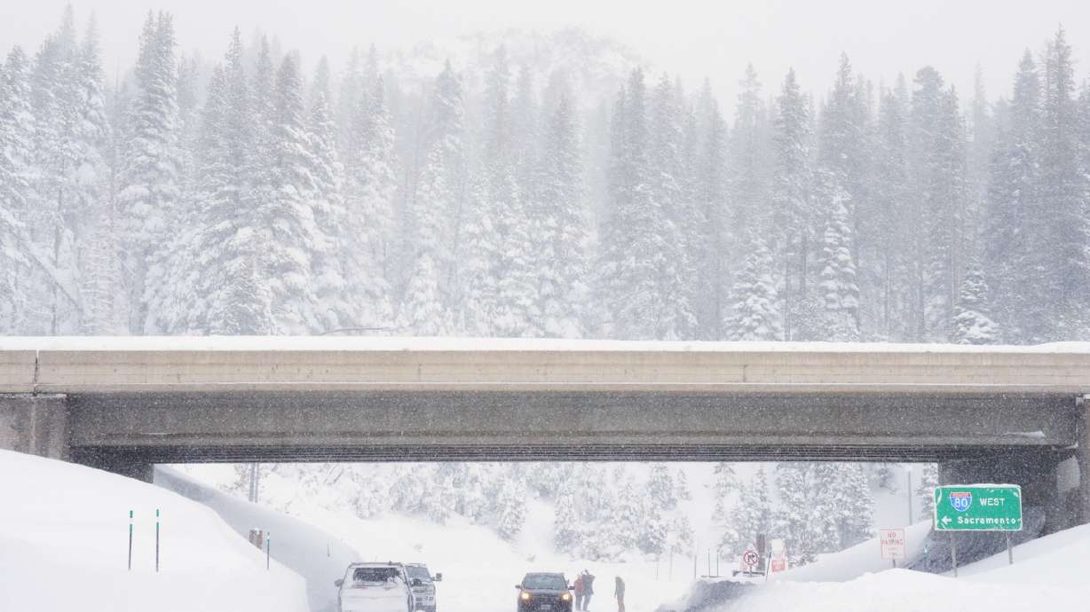 Snow covers a road on an underpass along interstate 80 on Wednesday, Feb. 18, 2026 near Soda Springs, Calif.