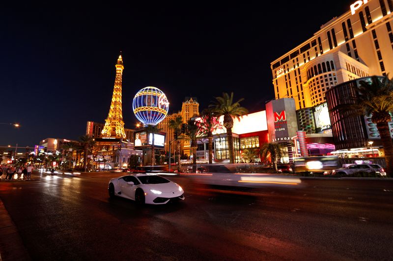 Traffic travels along the Las Vegas Strip in Las Vegas, Aug. 27, 2018. Las Vegas drew about 3.1 million fewer visitors in 2025, a 7.5% drop — its sharpest decline outside the pandemic since record-keeping began in 1970, according to the Las Vegas Convention and Visitors Authority.