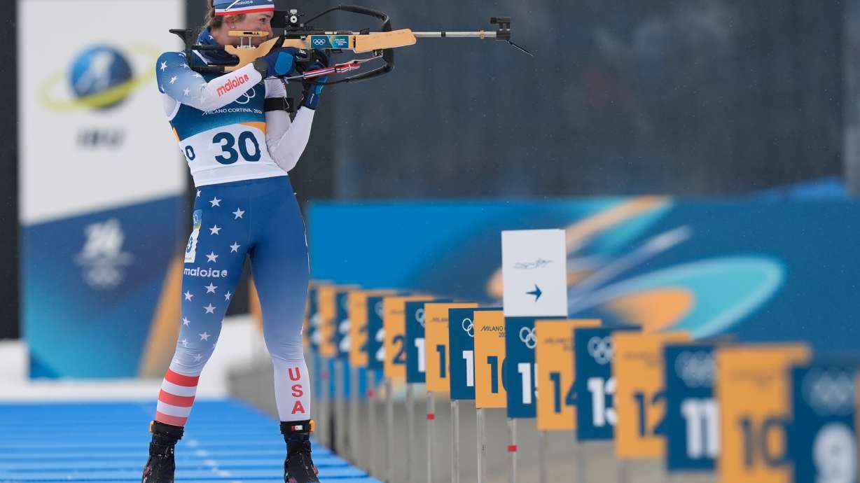 Deedra Irwin, of the United States, competes during the women's 7.5-kilometer sprint biathlon race at the 2026 Winter Olympics in Anterselva, Italy, Saturday, Feb. 14, 2026.