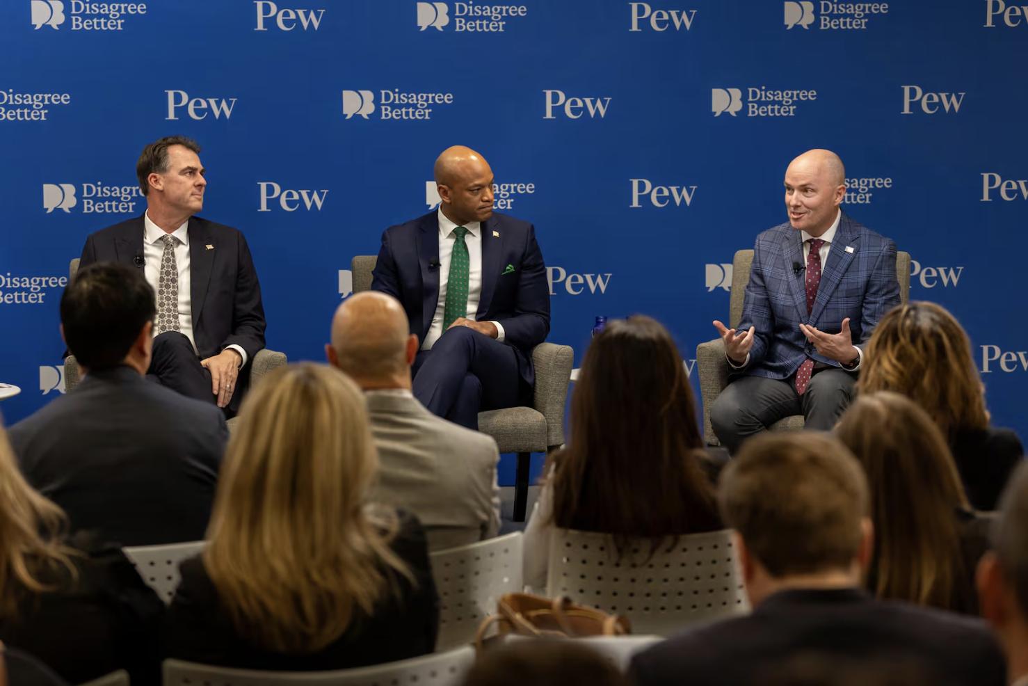 From right, Utah Gov. Spencer Cox, Maryland Gov. Wes Moore and Oklahoma Gov. Kevin Stitt participate in a Disagree Better event hosted by the Pew Charitable Trusts on Wednesday, in Washington, D.C., ahead of the National Governors Association meetings this week.
