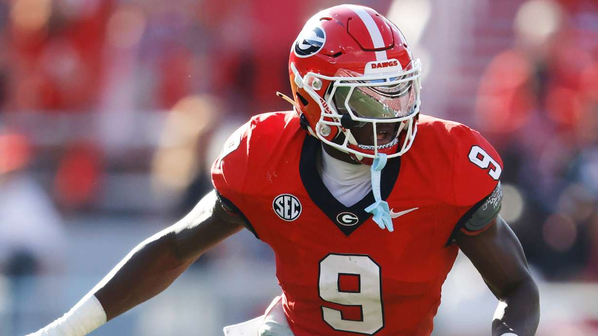 FILE - Georgia linebacker Chris Cole (9) during an NCAA football game against Marshall on Saturday, Aug. 30, 2025, in Athens, Ga. Georgia won 45-7.