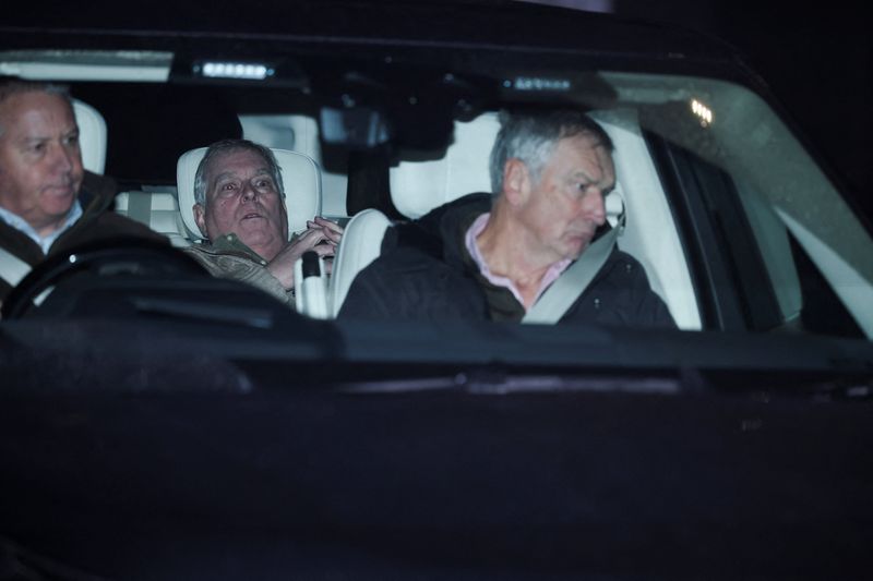 Andrew Mountbatten Windsor, younger brother of Britain’s King Charles, formerly known as Prince Andrew, leaves Aylsham Police Station on a vehicle, on the day he was arrested on suspicion of misconduct in public office, after the U.S. Justice Department released more records tied to the late financier and convicted sex offender Jeffrey Epstein, in Aylsham, Britain, Thursday.