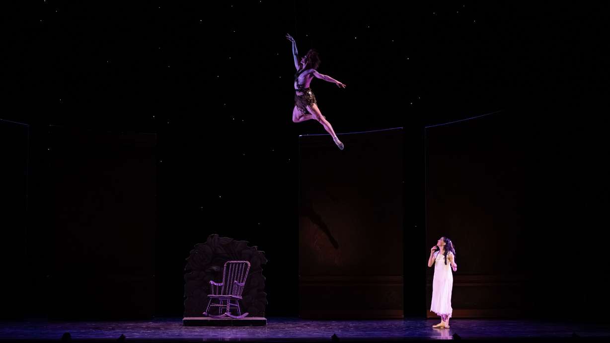 Ballet West artists William Lynch and Jenna Rae Herrera perform in "Peter Pan" in February 2026 in Salt Lake City.