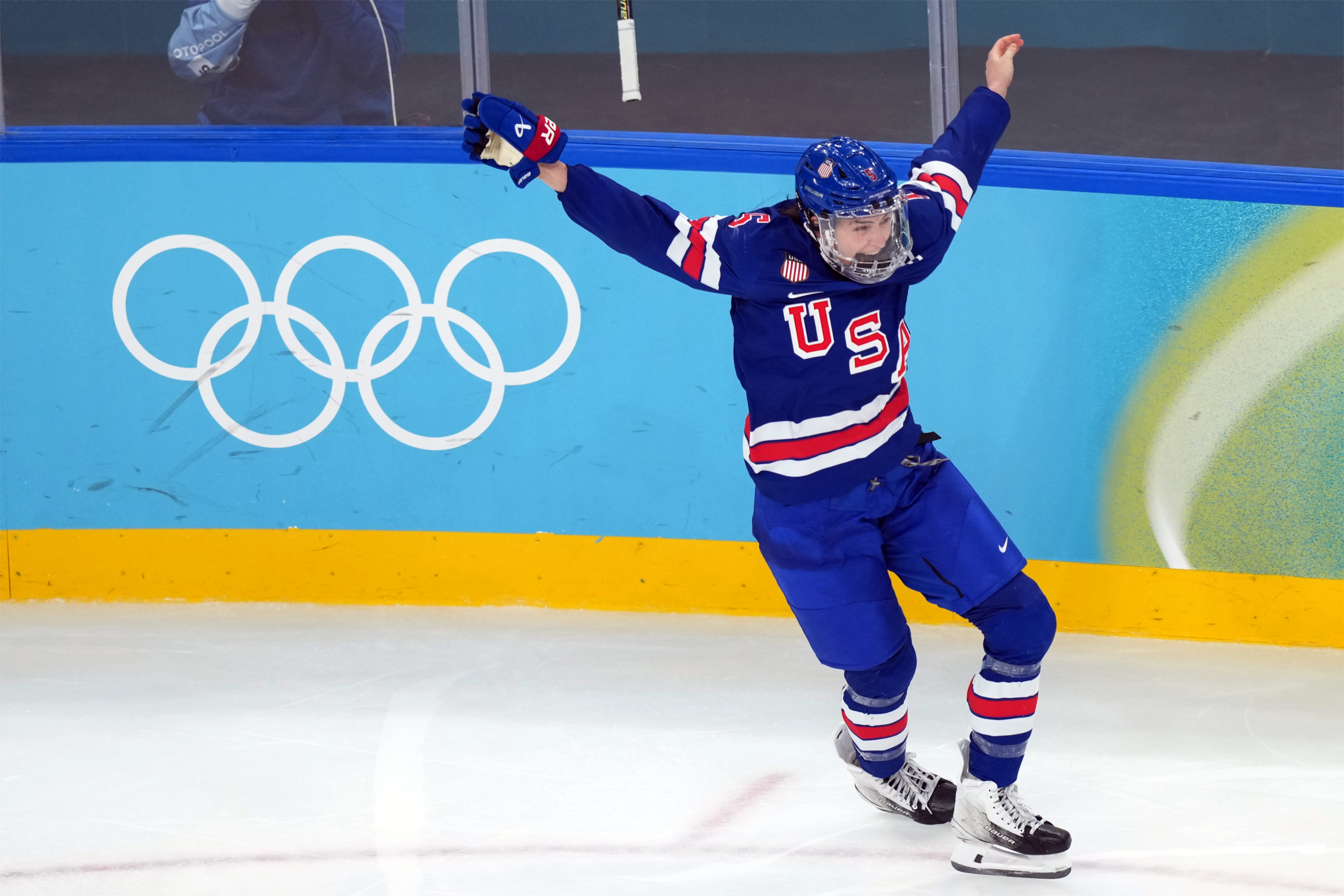 United States' Megan Keller celebrates after scoring the winning goal against Canada during the overtime period of the women's ice hockey gold medal game at the 2026 Winter Olympics, in Milan, Italy, Thursday, Feb. 19, 2026. 