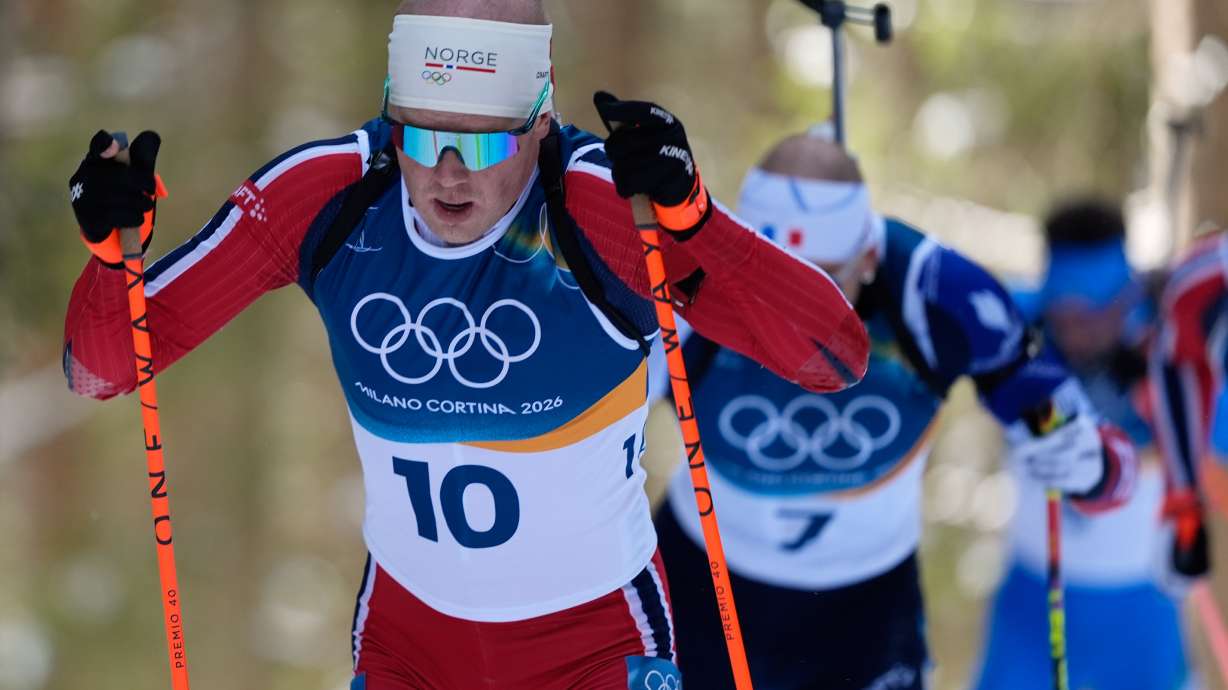 Johannes Dale-Skjevdal, of Norway, competes in the men's 15-kilometer mass start biathlon race at the 2026 Winter Olympics in Anterselva, Italy, Friday, Feb. 20, 2026.