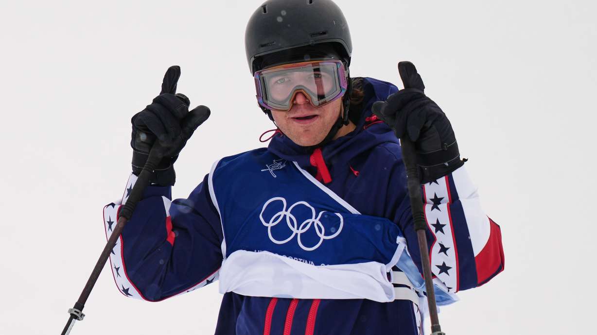 United States' Hunter Hess reacts during the men's freestyle skiing halfpipe qualifications at the 2026 Winter Olympics, in Livigno, Italy, Friday, Feb. 20, 2026.