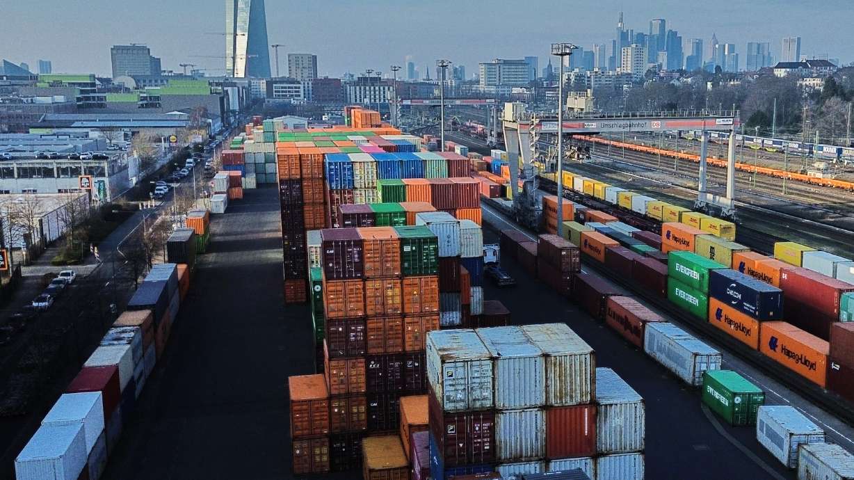 Containers are piled up at a cargo terminal in Frankfurt, Germany, Jan. 23. Utah lawmakers had split reactions to the long-awaited decision by the Supreme Court ruling that President Donald Trump's sweeping global tariffs were unconstitutional.