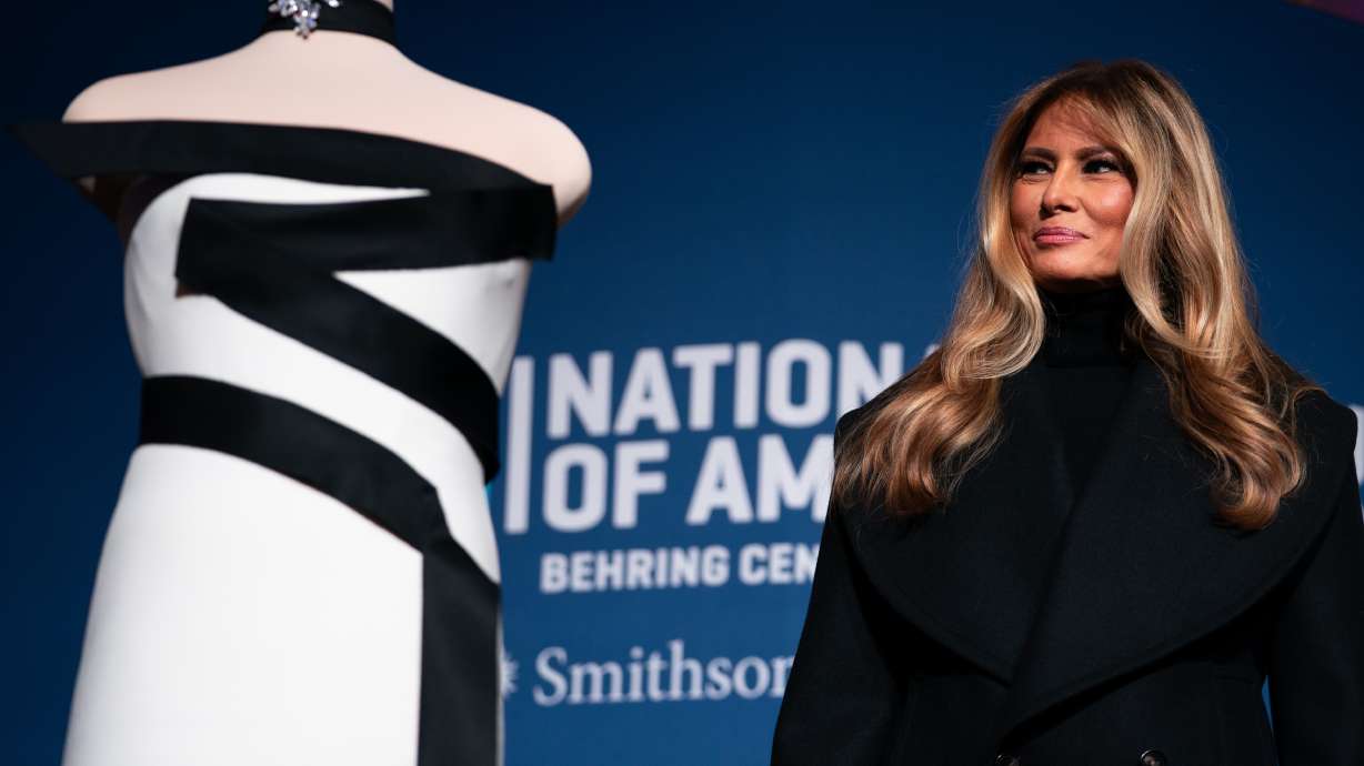First lady Melania Trump presents her 2025 inaugural ball gown to the Smithsonian National Museum of American History, Friday, in Washington.