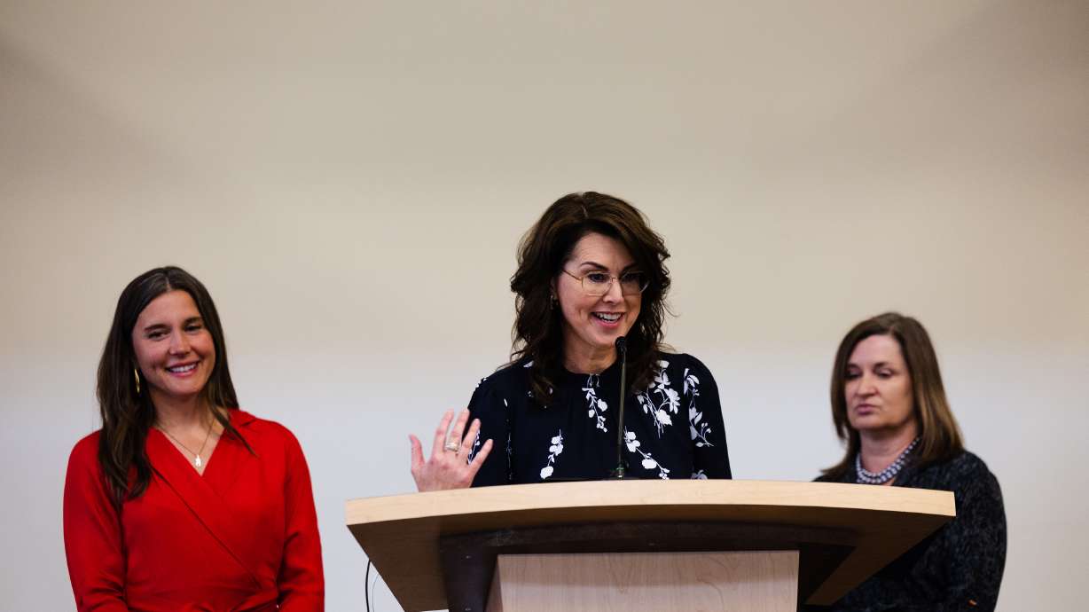 Utah Lt. Gov. Deidre Henderson speaks with Salt Lake City Mayor Erin Mendenhall, left, and Salt Lake County Mayor Jenny Wilson, May 7, 2023. Utah lags behind other states in women's political representation, according to data from a USU study.