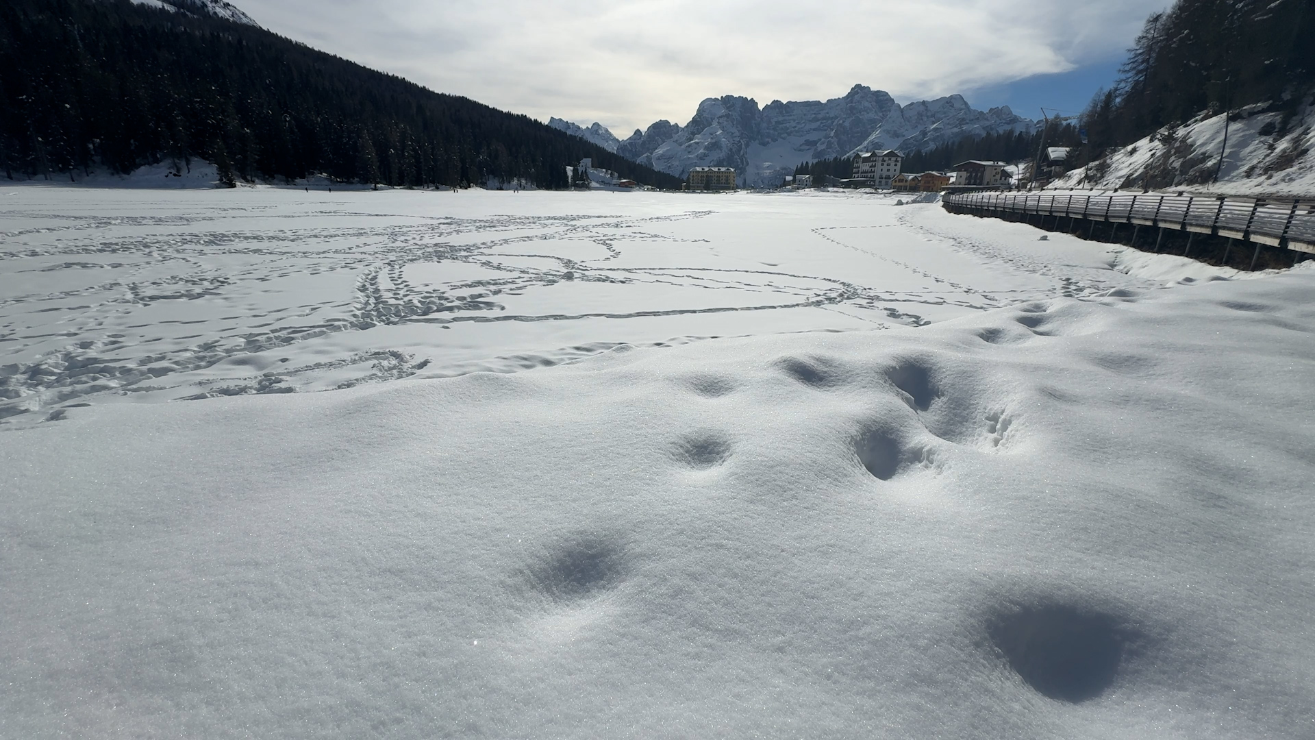 Misurina Lake pictured in Cortina d’Ampezzo after being snowed over, during the 2026 Winter Olympics.