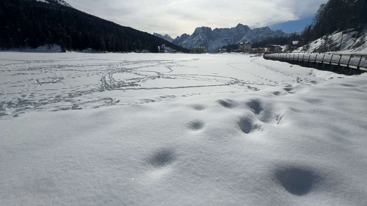 Misurina Lake pictured in Cortina d’Ampezzo after being snowed over, during the 2026 Winter Olympics.