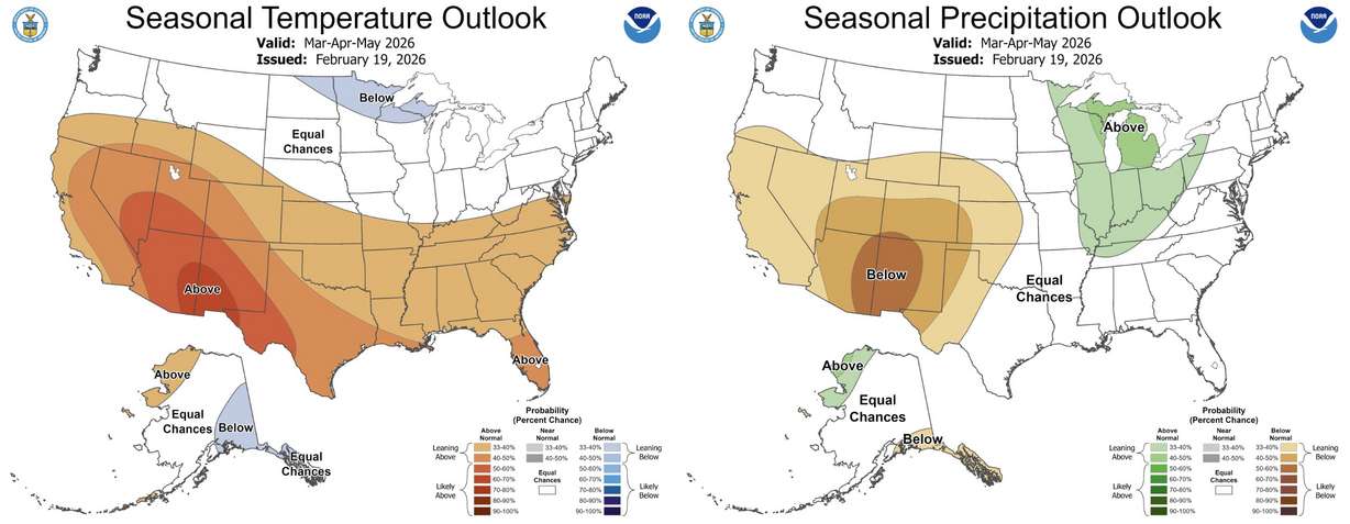 These maps show the temperature and precipitation outlook for the U.S. for meteorological spring. Odds lean slightly toward a warmer- and drier-than-normal season in Utah.