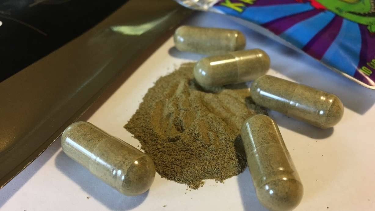 Kratom capsules are displayed in Albany, N.Y., Sept. 27, 2017. The Centers for Disease Control and Prevention have found that calls for help involving kratom rose more than 1,200% and hospitalizations more than 1,150%.