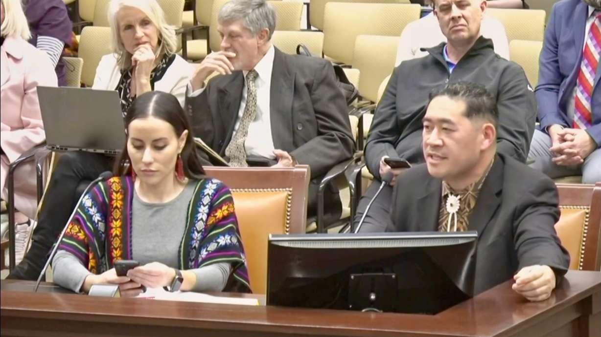 Utah Rep. Jake Fitisemanu, R-West Valley City, right, discusses HB77, meant to exempt traditional Indigenous healers from state licensing rules, on Feb. 9 in the Utah House building in Salt Lake City. Yvette Romero Coronado is on the left.
