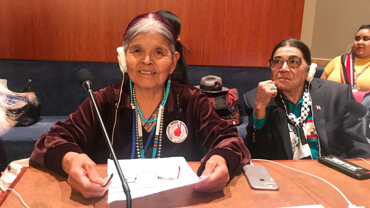Jean Whitehorse testifies about forced and coerced sterilization of Native American women at the United Nations Permanent Forum on Indigenous Issues in 2025, as Anthony Gonzales, right, executive director of the American Indian Movement, listens.