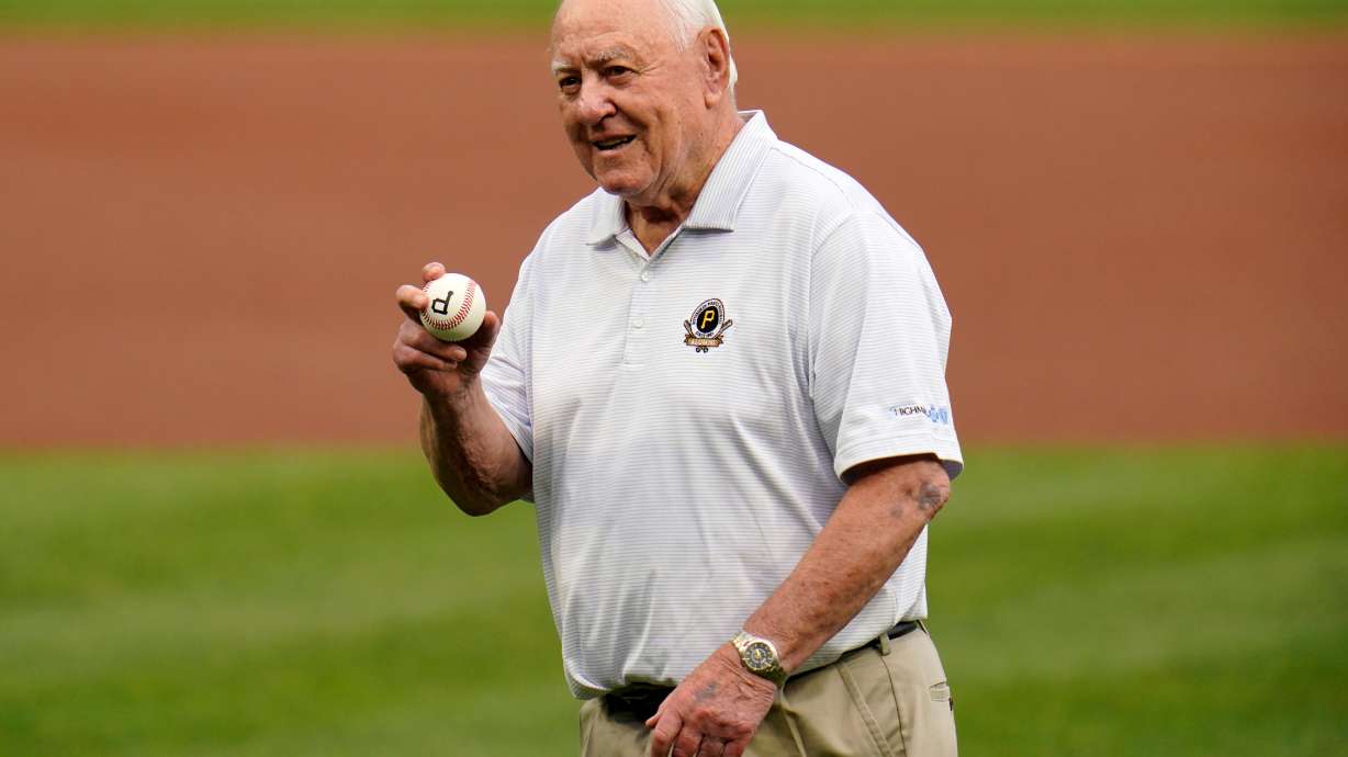 FILE - Pittsburgh Pirates Baseball Hall of Fame second baseman Bill Mazeroski prepares to throw out a ceremonial first pitch before a baseball game between the Pittsburgh Pirates and the New York Yankees in Pittsburgh, Tuesday, July 5, 2022.