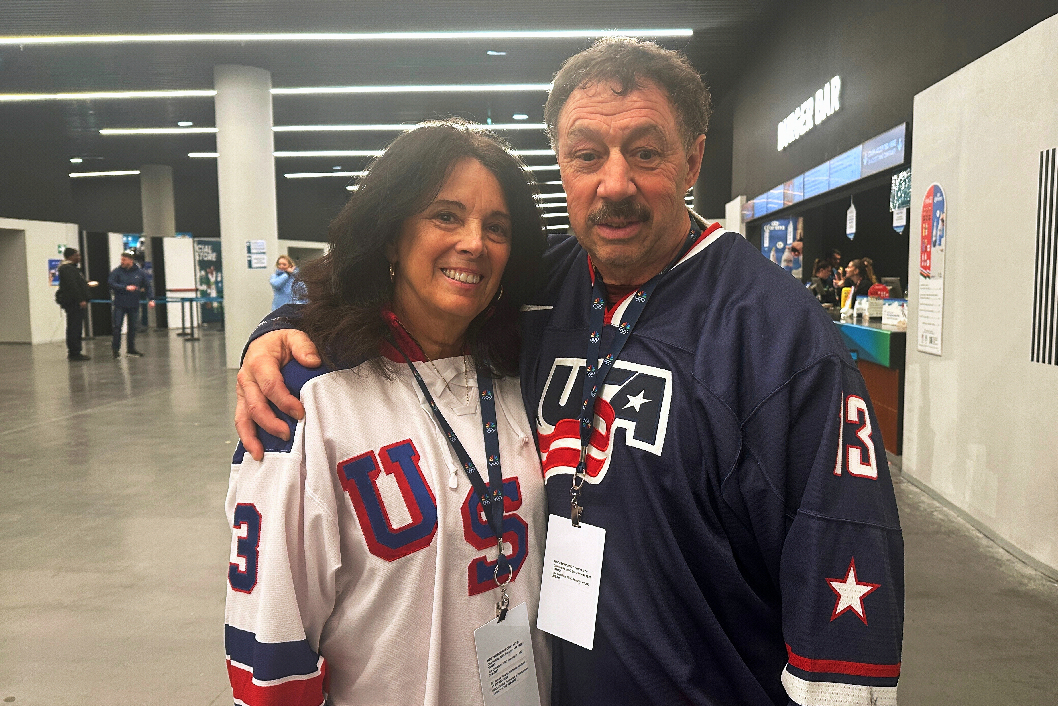 Jane and Guy Gaudreau, parents of the late Matthew and John Gaudreau, attend the men's ice hockey semifinal game against Slovakia, during the 2026 Winter Olympics, in Milan, Italy, Friday, Feb. 20, 2026. 