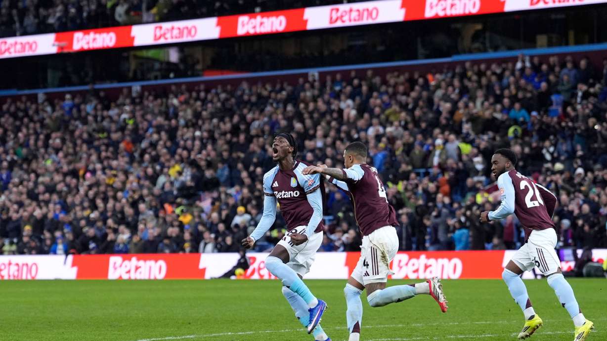 Aston Villa's Tammy Abraham celebrates scoring their side's first goal of the game during their English Premier League soccer match against Leeds United in Birmingham, England, Saturday, Feb. 21, 2026.