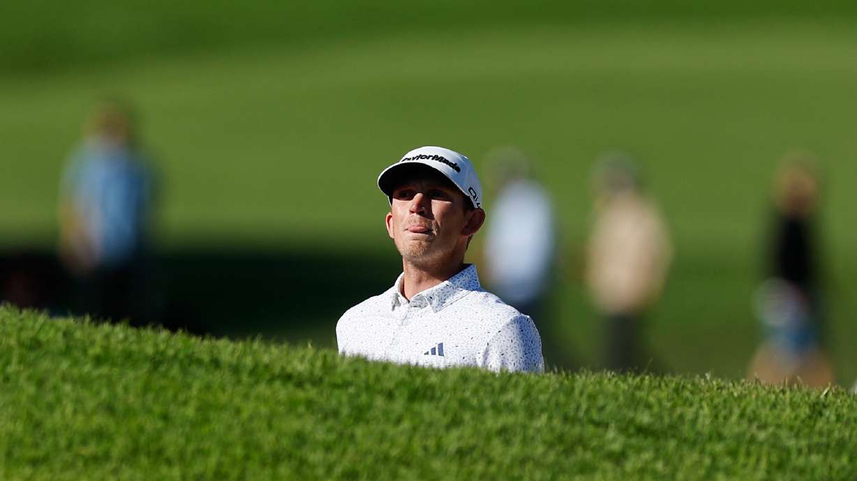 Jacob Bridgeman prepares to hit from a bunker on the 14th hole during the third round of the Genesis Invitational golf tournament at Riviera Country Club, Saturday, Feb. 21, 2026, in the Pacific Palisades area of Los Angeles.