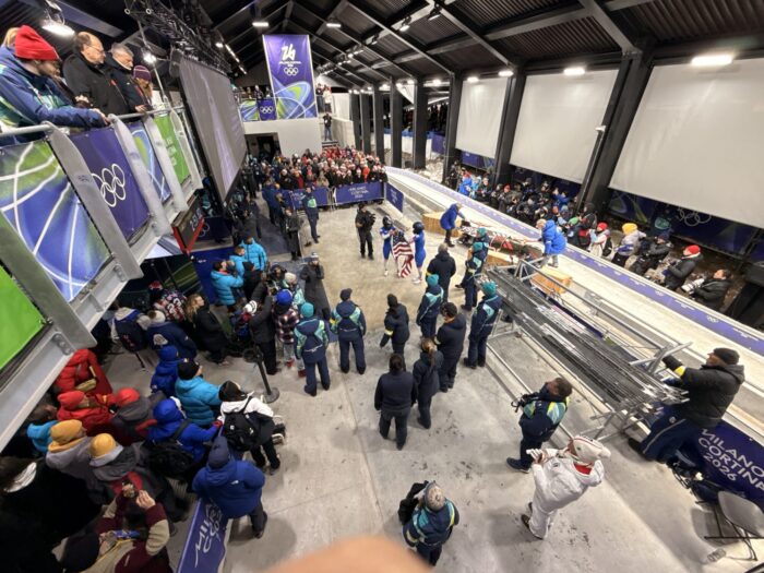 Elana Meyers Taylor and Jaden O’Brien in the bobsled finish house at the 2026 Winter Olympics, Saturday. The pair finished in seventh place in the two-woman bobsled event.