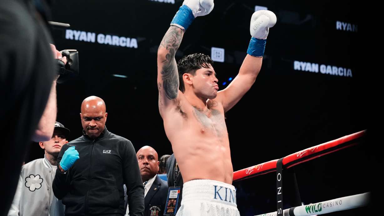 FILE - Ryan Garcia is announced before a super lightweight boxing match against Devin Haney, April 21, 2024, in New York.