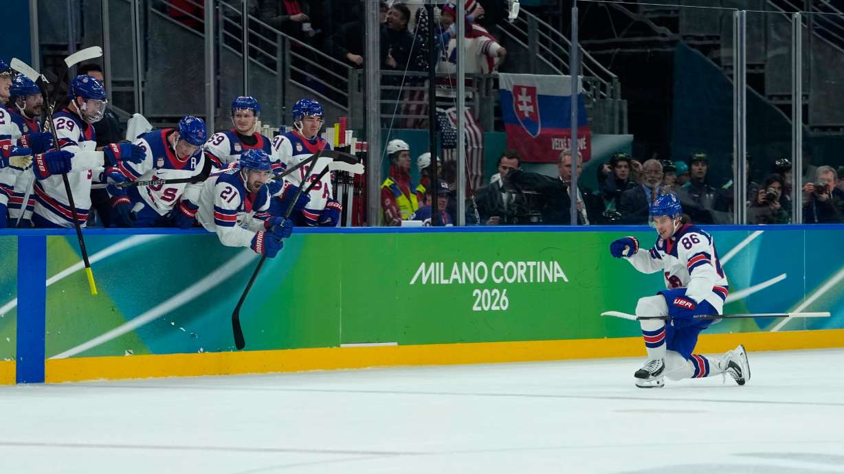 United States' Jack Hughes (86) celebrates after scoring his side's third goal during a men's ice hockey semifinal game between United States and Slovakia at the 2026 Winter Olympics, in Milan, Italy, Friday, Feb. 20, 2026.