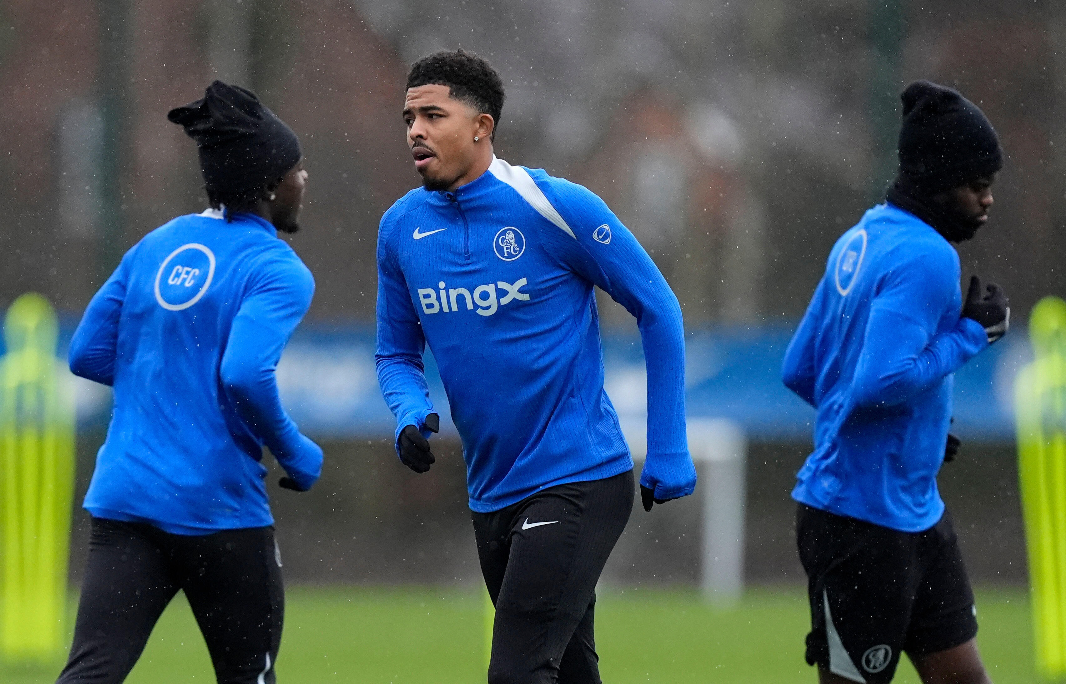 Chelsea's Wesley Fofana runs during a training session in Cobham, Surrey, England, Tuesday Jan. 27, 2026, one day ahead of their Champions League soccer match against Napoli. 
