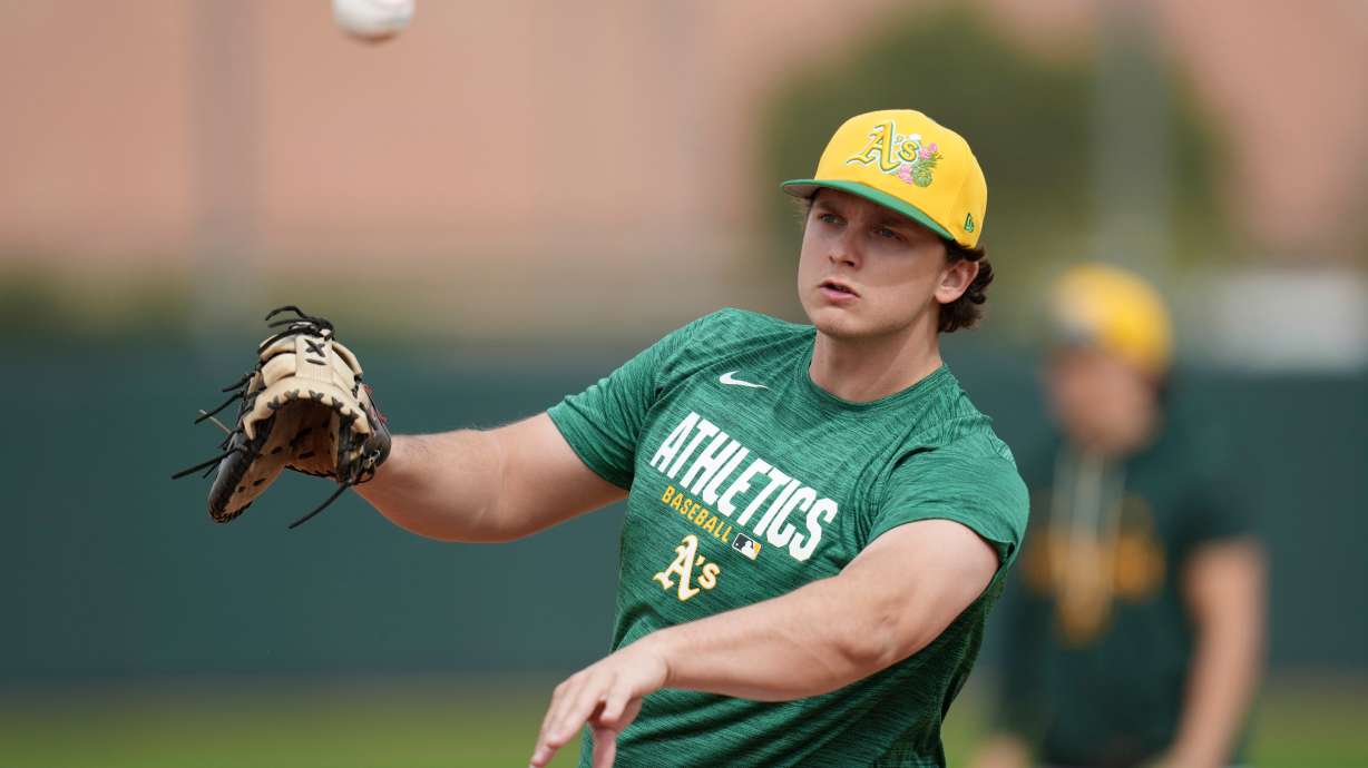 Athletics first baseman Nick Kurtz works out during spring training baseball Monday, Feb. 16, 2026, in Mesa, Ariz.