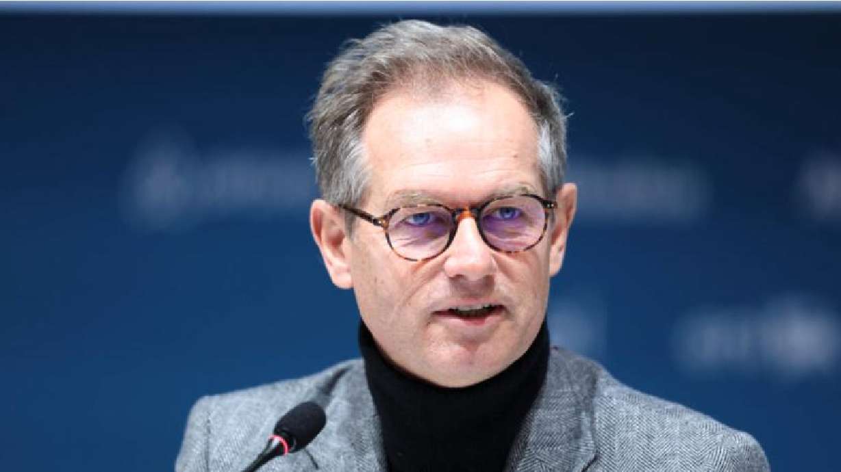 President of French Alps 2030 Edgar Grospiron speaks during the French Alps 2030 handover press conference on Day 15 of the Milano Cortina 2026 Winter Olympics at the Main Press Center on Saturday in Milan.
