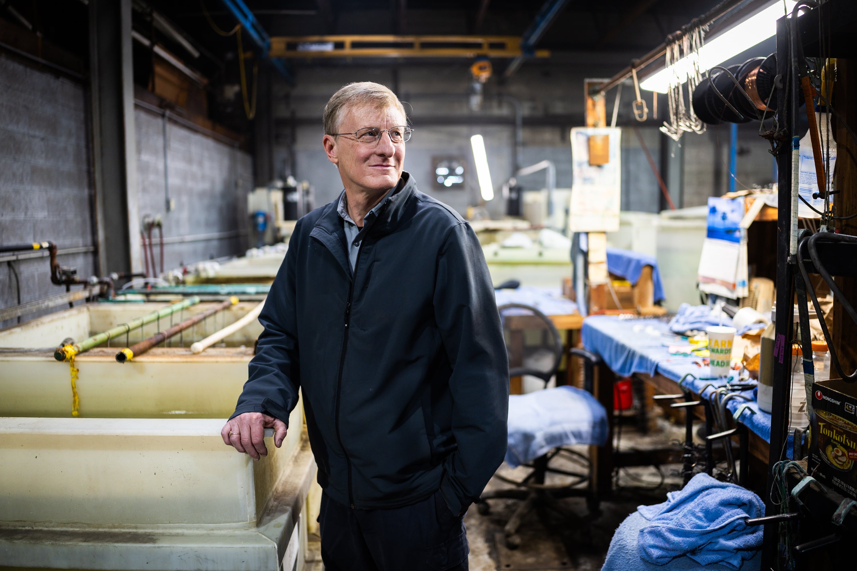 Glenn Fassmann, owner and operator at Quality Plating Co. Inc., in the electroless nickel plating area at Quality Plating Co. Inc.'s main plant in Salt Lake City on Feb. 4. Fassmann said his sons have gone on to more successful careers of their own, leading to the decision to close in March.