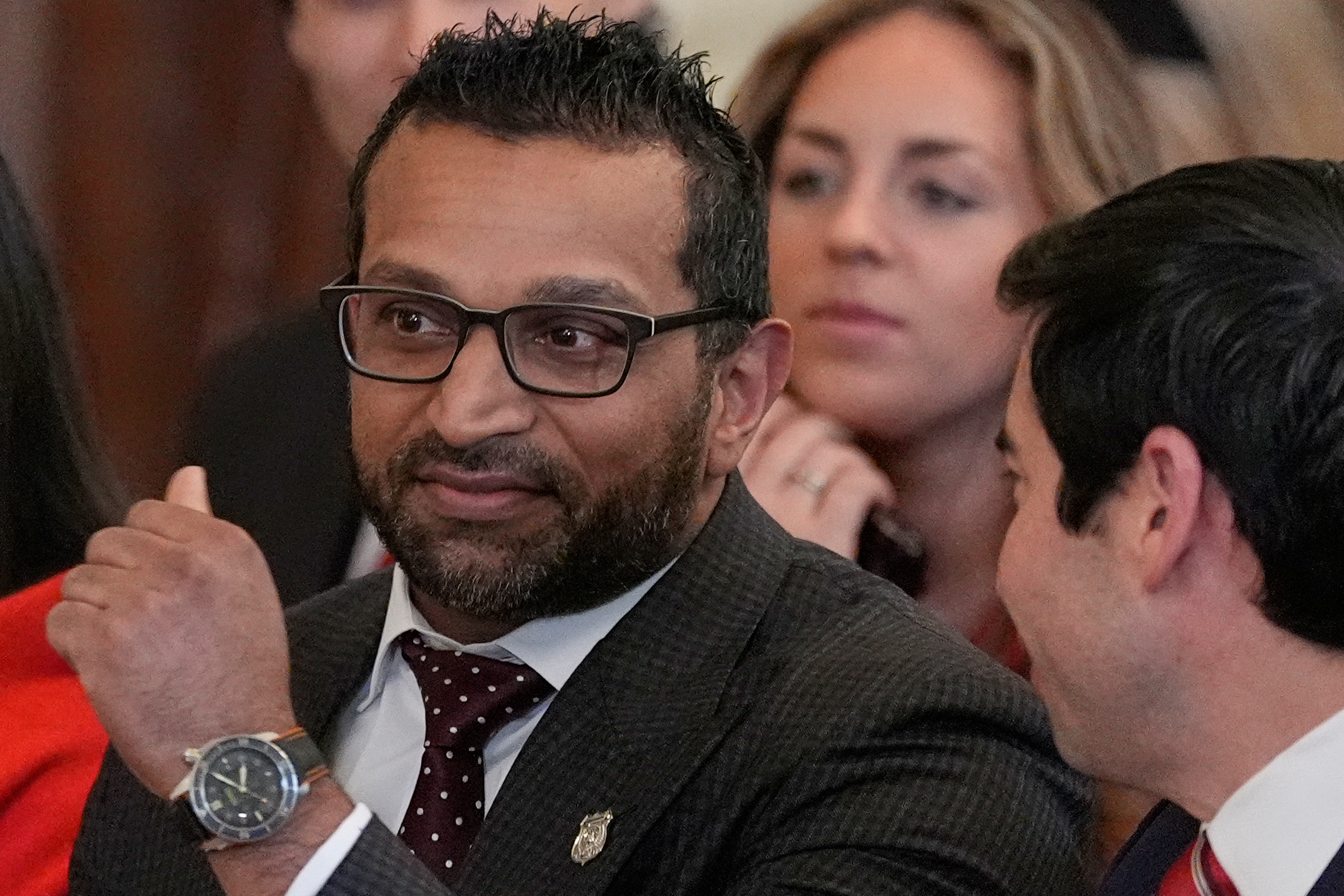 FILE - FBI director Kash Patel arrives before President Donald Trump speaks in the East Room of the White House, Jan. 15, 2026, in Washington.