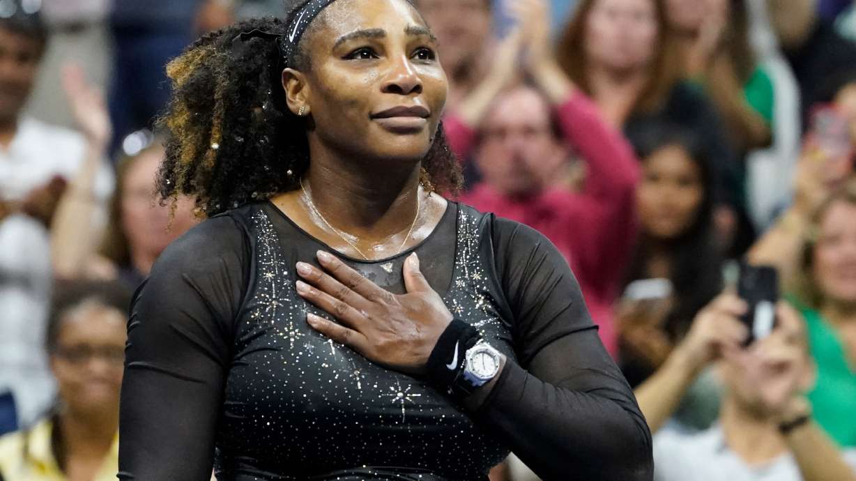 FILE - Serena Williams acknowledges the crowd after losing to Ajla Tomljanovic, of Austrailia, iin the third round of the U.S. Open tennis championships, Sept. 2, 2022, in New York.