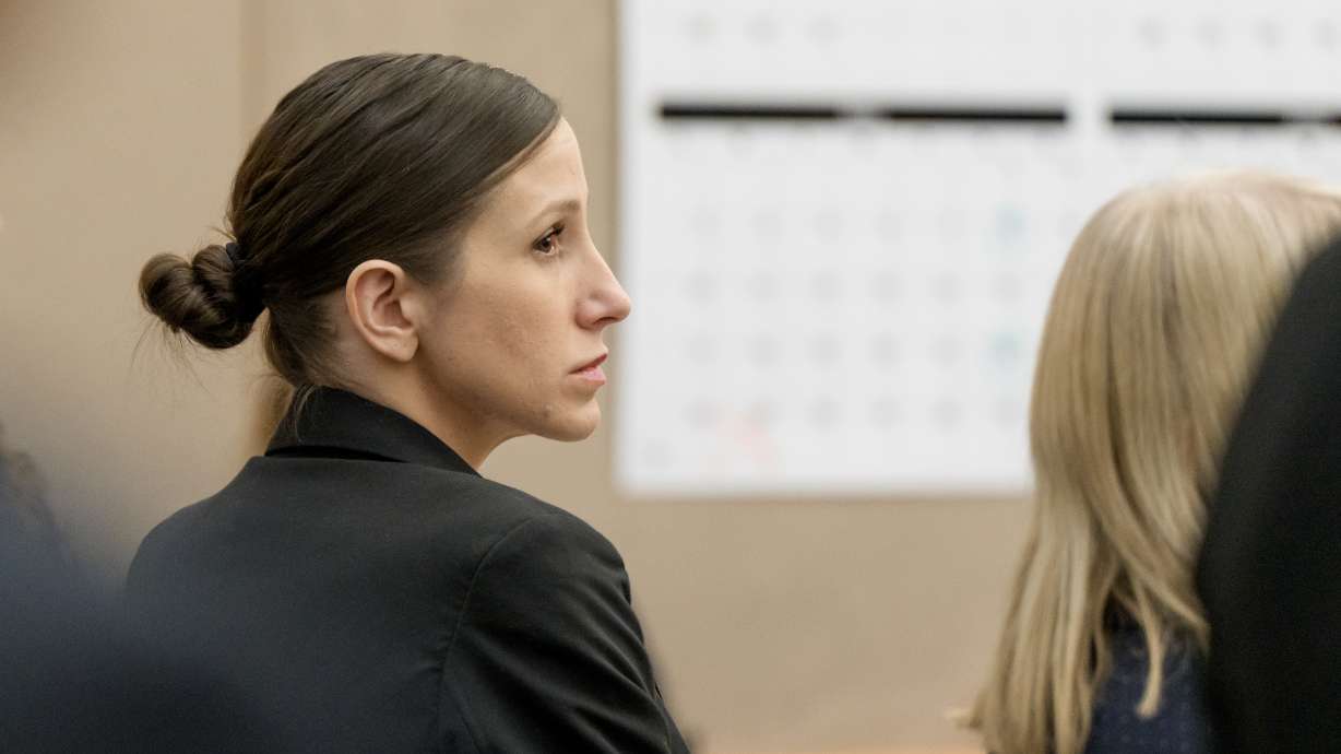 Kouri Richins, a Utah mother accused of fatally poisoning her husband, looks on during the first day of her murder trial in Park City on Feb. 23.