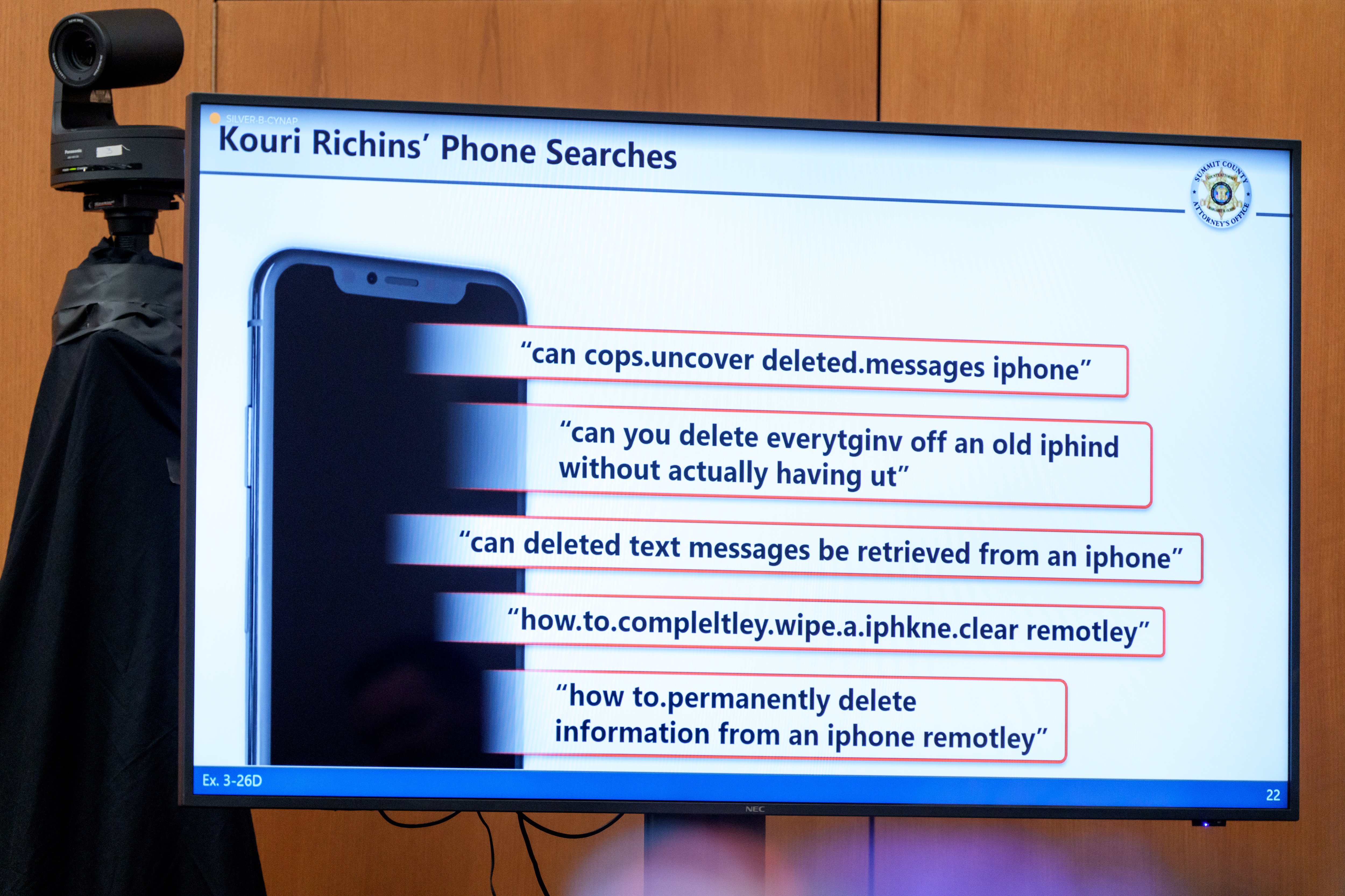 Internet searches recovered from the phone of Kouri Richins, a Utah mother accused of fatally poisoning her husband, are displayed on a screen during her murder trial at the Summit County Courthouse in Park City on Monday.