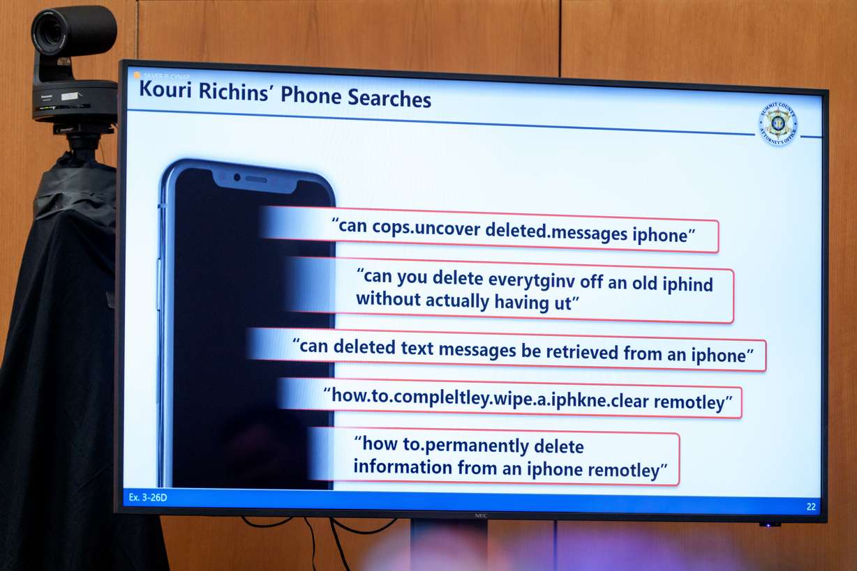 Internet searches recovered from the phone of Kouri Richins, a Utah mother accused of fatally poisoning her husband, are displayed on a screen during her murder trial at the Summit County Courthouse in Park City on Monday.