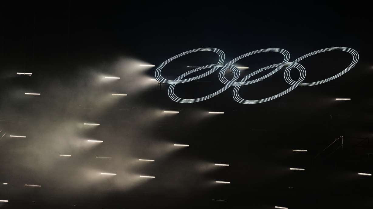 The Olympic rings stand out during the closing ceremony of the 2026 Winter Olympics, in Verona, Italy, Sunday, Feb. 22, 2026.