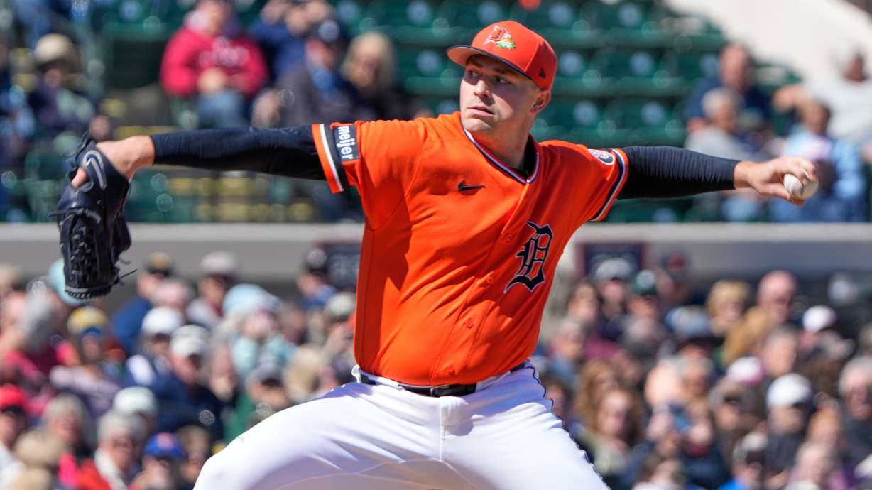 Detroit Tigers starting pitcher Tarik Skubal throws against the Minnesota Twins in the first inning of a spring training baseball game, Monday, Feb. 23, 2026, in Lakeland, Fla.
