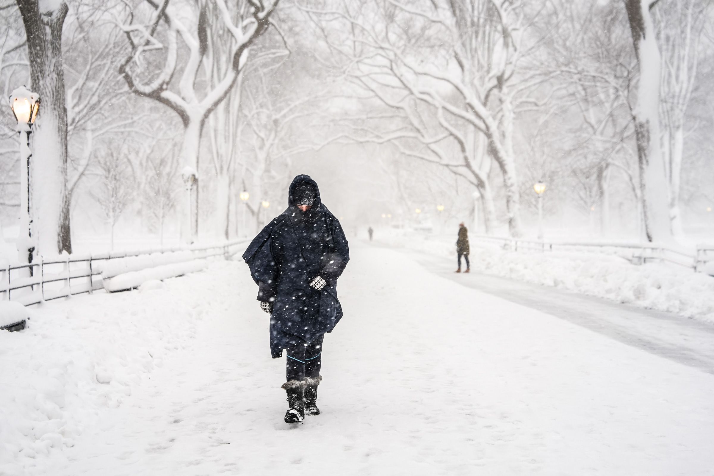 Snow in Central Park on Monday in New York City. Thousands in the Northeast remained without power amid freezing temperatures Tuesday morning, as people in the region and the mid-Atlantic dug out from extreme snowfall.