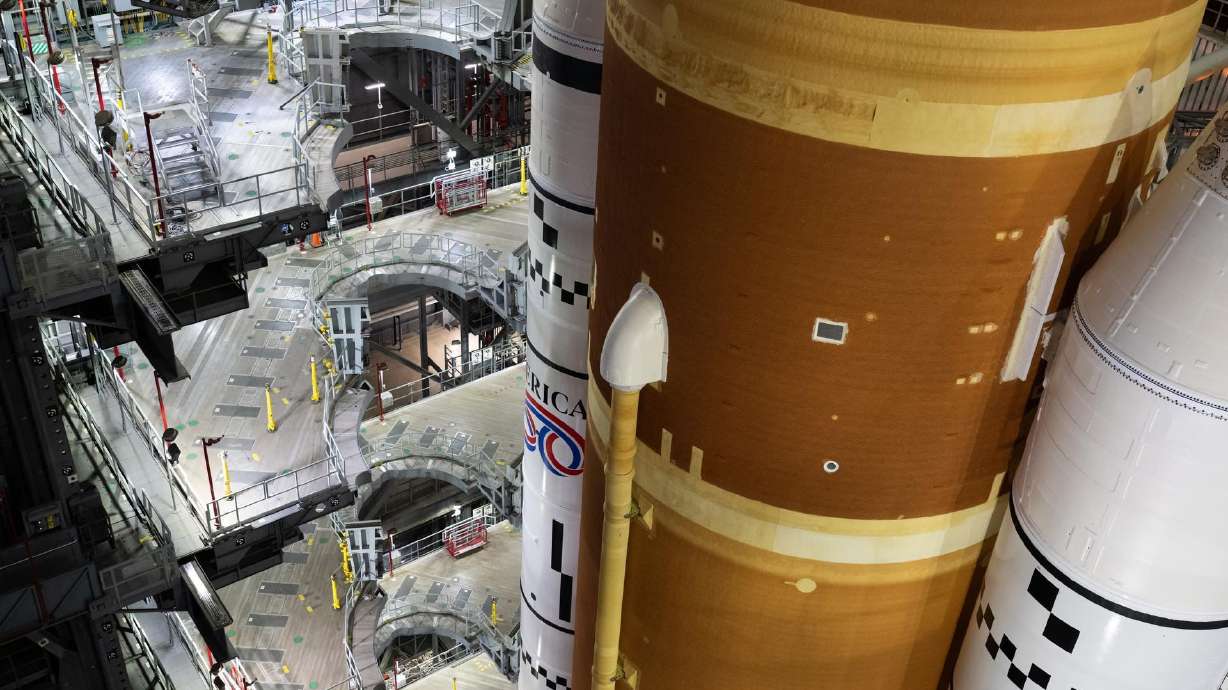 NASA’s Artemis II Space Launch System rocket and Orion spacecraft, secured to the mobile launcher, are seen inside the Vehicle Assembly building on Jan. 16 at NASA’s Kennedy Space Center in Florida.