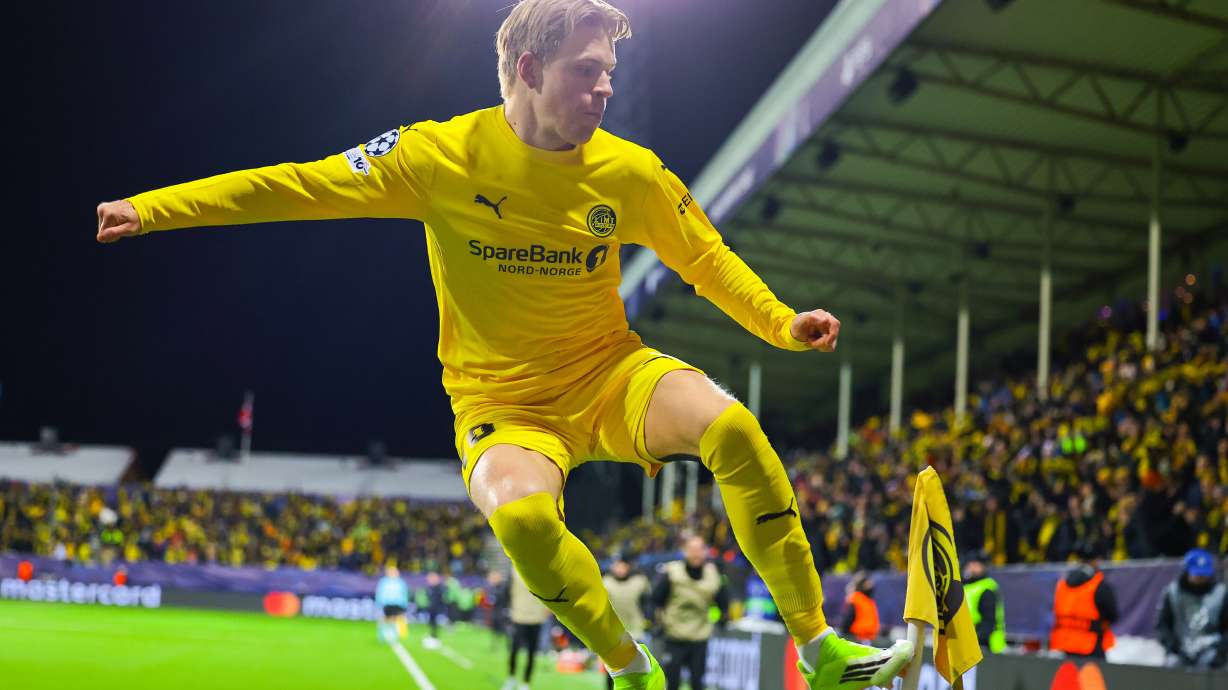 Bodø/Glimt's Jens Petter Hauge celebrates after scoring against Inter Milan during a Champions League soccer match, Wednesday, Feb 18, 2026, in Bodo, Norway.