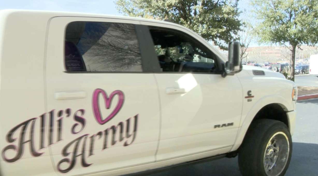 Kelton Allred drives a truck with "Alli's Army" painted on the side, in honor of his daughter, Alli Allred, who was in an e-bike collision in December.