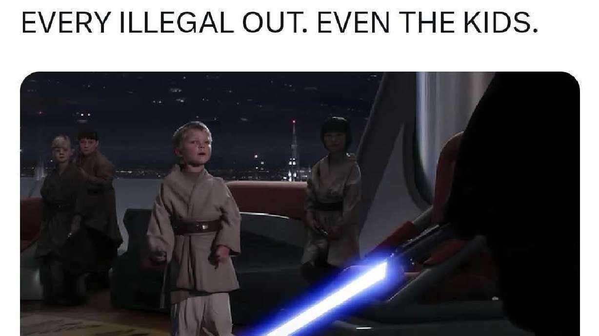 A screenshot from X shows a post from a Utah college GOP leader calling for the deportation of all migrants in the country unlawfully, with a still image of a "Star Wars" character moments before killing children. It was deleted after 568,000 views.